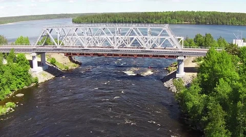 Flying Above Iron Bridge over River Stock Footage 51937130
