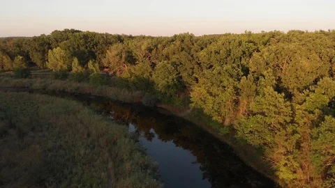 Flying above Milk river with forests and fields in Ukraine, Melitopol, Sosnovka  Stock Footage 114219733