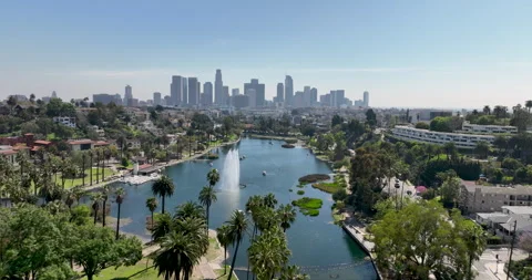 Flying above palm trees and Echo Park Lake, Los Angeles city skyline Stock Footage 305363545