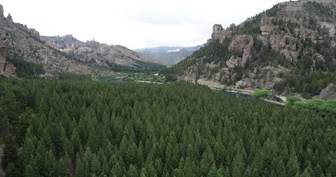 Flying above pine woods. Backgorund of river valley and wild mountain landscape 스톡 동영상 126331290