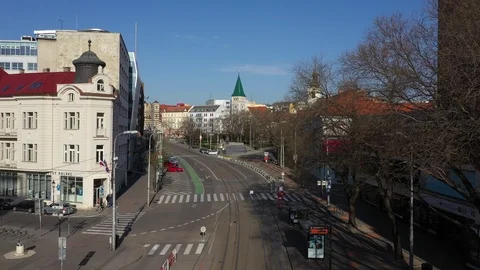 Flying above railways on empty SPN square in centre Bratislava Stock Footage 127449713