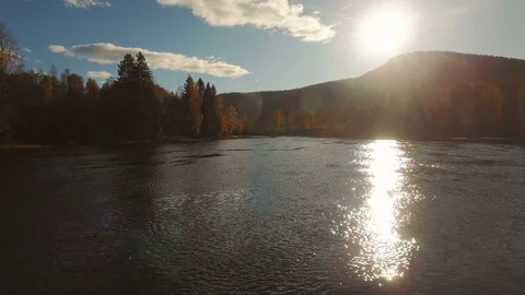 Flying above shining river, Forest And Mountains On The Background In Sun Light. Stock Footage 81213727