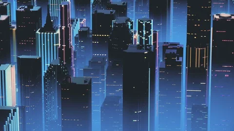 Flying above skyscraper roofs in large city, synthwave style, 3D animation Stock Footage 86475840
