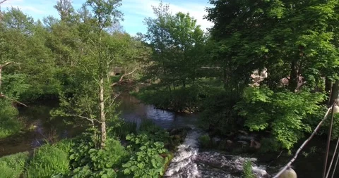 Flying Above Small Bridge and Through Trees By a Calm Tiny River in the Stock Footage 142995589