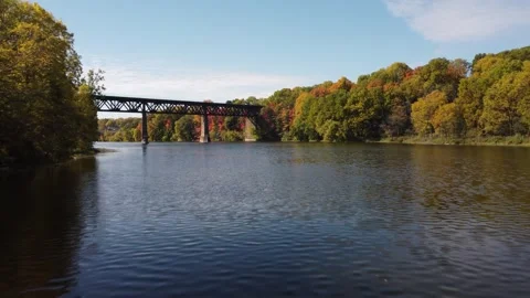 Flying Above Water Towards Train Tracks Stock Footage 314202088