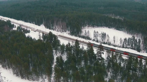 Flying Above Winter Forest and Railroad Stock Footage 47464201