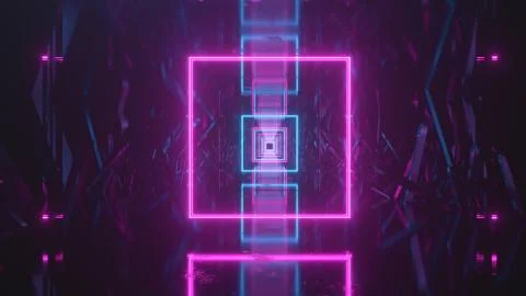 Flying in abstract space along crystalline blocks. Neon light ahead. 3d illus Illustration