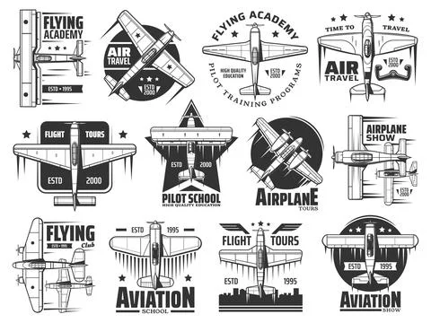 Flying academy, pilot school and air tour icon set Stockillustratie