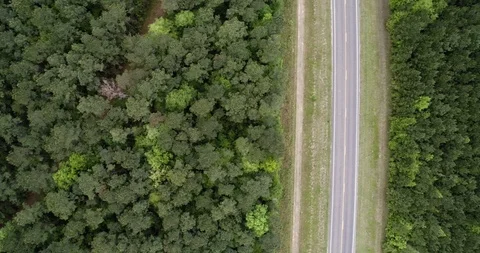 Flying across forest, road, train line and power line sideways drone aerial 4K Stock Footage 111362660