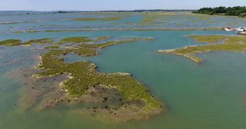 Flying across sand banks and rock outcrops Stock Footage