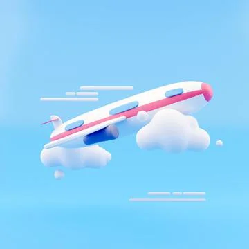 Flying air plane with cloud on blue background. Creative minimal concept. 3d Stockillustratie