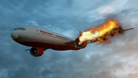 Flying aircraft with exploding aero engine just before air crash. 3D illustra Stock Photos