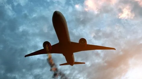 Flying aircraft with exploding aero engine just before air crash. 3D illustra Stock Photos