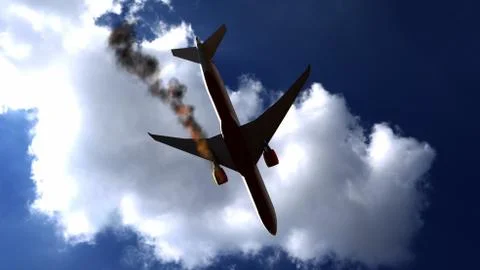 Flying aircraft with exploding aero engine just before air crash. 3D illustra Stock Photos