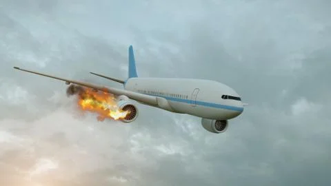 Flying aircraft with exploding aero engine just before air crash. 3D illustra Stock Photos