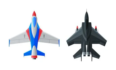 Flying Aircraft with Jet Engine View from Above Vector Set Stock Illustration