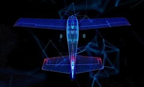 Flying aircraft. Low-poly model of air transport. Blue background Illustrazione stock
