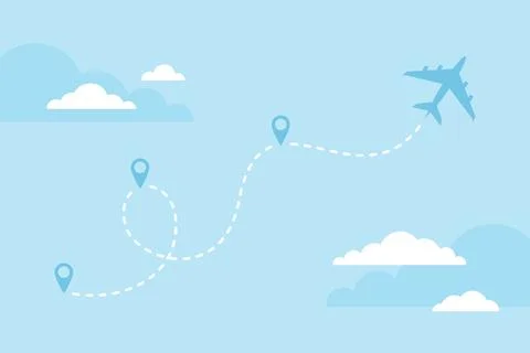 Flying airplane and dashed line flight route with map pin icons Stock Illustration