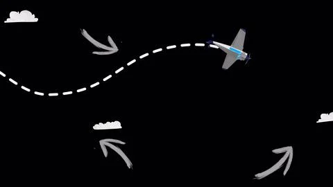 Flying airplane and leaving a dashed line trace on black background. Plane Illustrazione stock