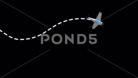 Flying airplane and leaving a dashed line trace on black background ...