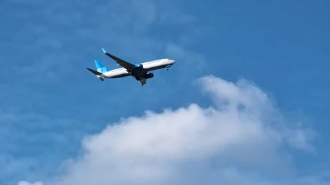 Flying airplane in blue cloudy sky Stock Footage 306073682