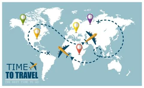 Flying airplane with dash path line. Time to travel Concept. Stock Illustration