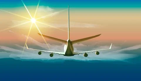 Flying airplane in the sky. Vector illustration of jet flying in sunny blue s Stock Illustration