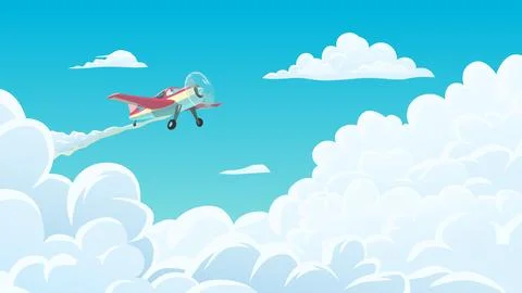 Flying airplane through white clouds blue sky Stock Illustration