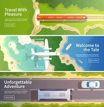 Flying airplane. Train. Bus. Horizontal banners. Stock Illustration
