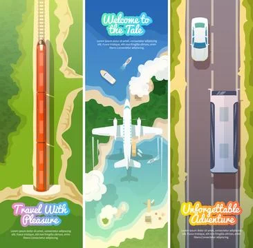 Flying airplane. Train. Bus. Vertical banners. Stock Illustration
