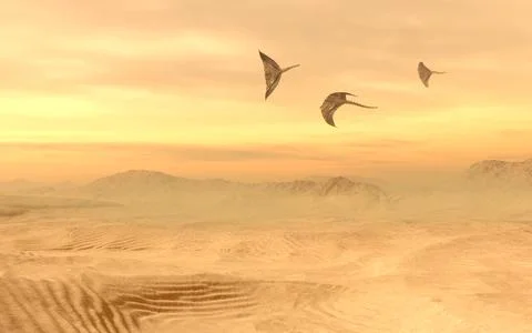 Flying alien creatures over a desert landscape Stock Illustration