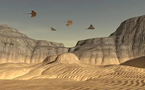 Flying alien creatures over a desert landscape Stock Illustration