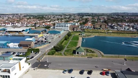 Flying along the beach observing Shoreham Port Stock Footage 195822079