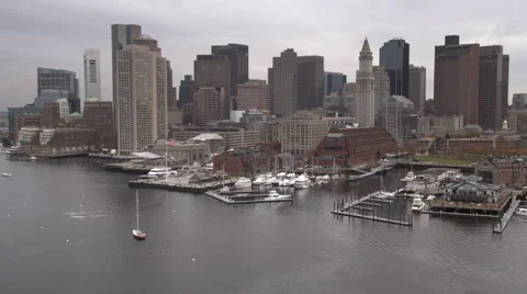 Flying along Boston Harbor past Boston skyline toward downtown. Shot in 2011. Stock Footage 59249585