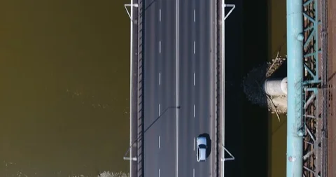 Flying Along The Bridge. Overhead Vertical Aerial View Stock Footage 93345449