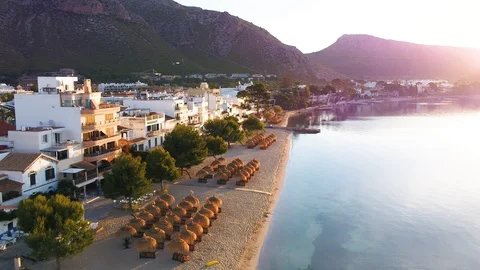 Flying along the coastline at summer of Pollenca Mallorca Stock Footage 101019713