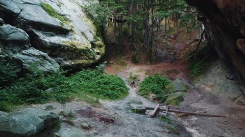Flying along the stone mountain trail in the forest. Stock Footage 151500833