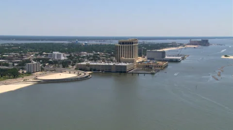 Flying along waterfront past Biloxi, Mississippi. Shot in 2007. Stock Footage