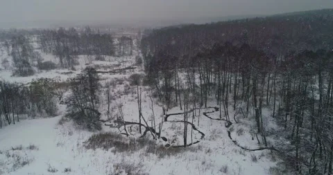 Flying along a wintert small forest river Stock Footage 147691227