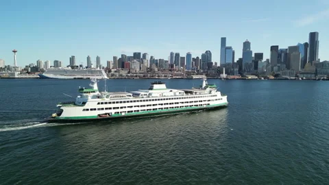 Flying Alongside Bainbridge Ferry, Seattle Skyline, Space Needle in Background Stock Footage 224965792