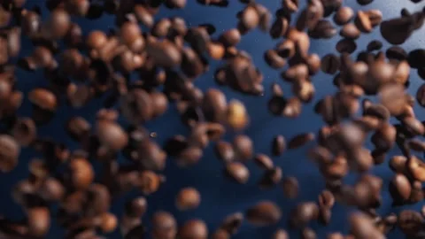 Flying up and Falling down Roasted Coffee Beans and cinnamon on blue background Stock Footage 147861462