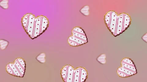 Flying and wiggle of different diameters many hearts shaped gingerbread Video stock 168588837