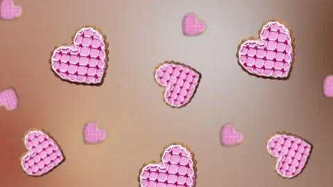 Flying and wiggle of different diameters many hearts shaped gingerbread Stock Footage 168588961