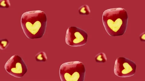 Flying and wiggle of different diameters fresh red apple with heart-shaped Stock Footage 168618429