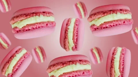 Flying and wiggle of different diameters many French macaroons. 4k - Valentine's Stock Footage 168618779