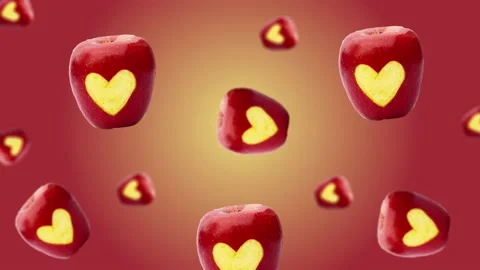 Flying and wiggle of different diameters fresh red apple with heart-shaped Stock Footage 168621020