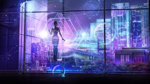 The flying android works with the interface of the future, 3D render. Stock Illustration