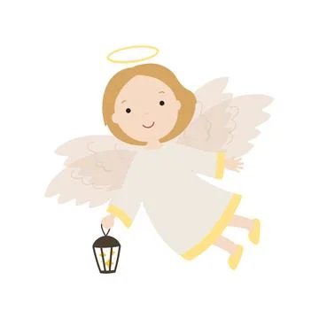 Flying angel with lantern. Vector illustration isolated. Stock Illustration