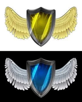 Flying angelic shield icon in black and white set vector illustration Ilustração Stock