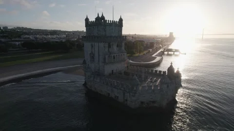 Flying around Belém tower Stock Footage 240314640